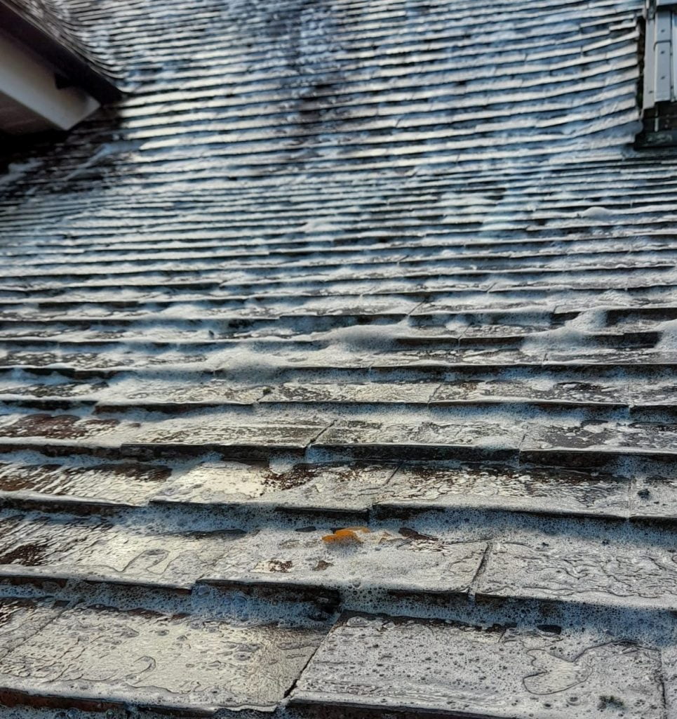 Roof tiles that have had biocide applied to them to kill off remaining moss and spores to that it looks clean